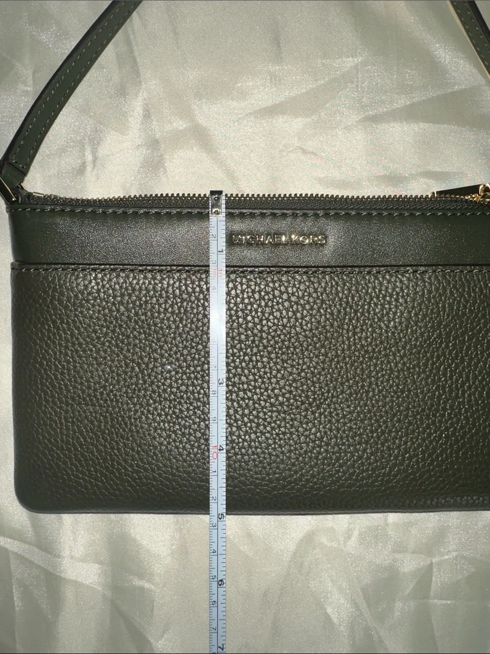Michael Kors Large Dark Green Pebbled Leather Wristlet Clutch with Two Way Strap